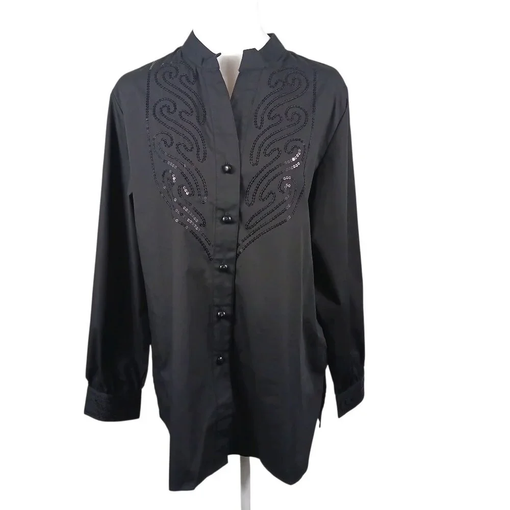 Bob Mackie NWT, Size Med., Black Button Down Shirt W/Sequins, Mandarin Collar - Picture 1 of 14